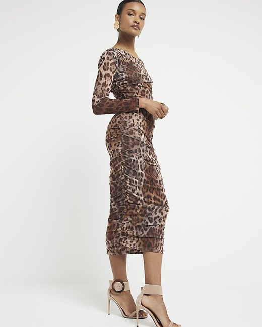 River Island Natural Brown Leopard Print Ruched Bodycon Midi Dress