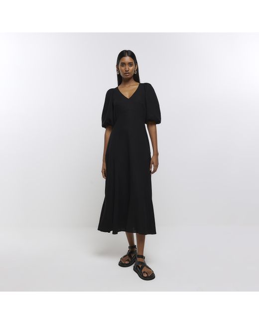 River Island Black Puff Sleeve Smock Midi Dress With Linen
