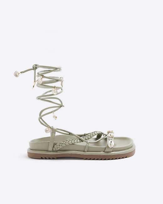 River Island Metallic Green Shell Detail Lace Up Sandals