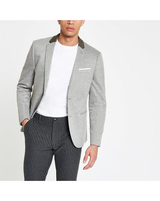 River Island Gray Grey Skinny Fit Jersey Blazer for men