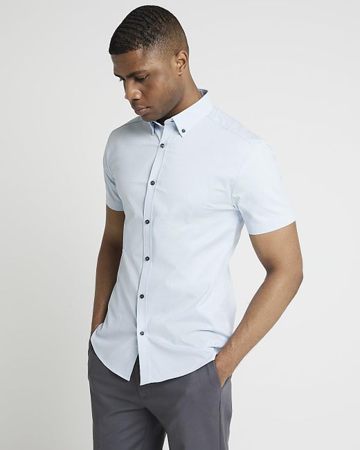 River Island White Blue Muscle Fit Textured Smart Shirt for men