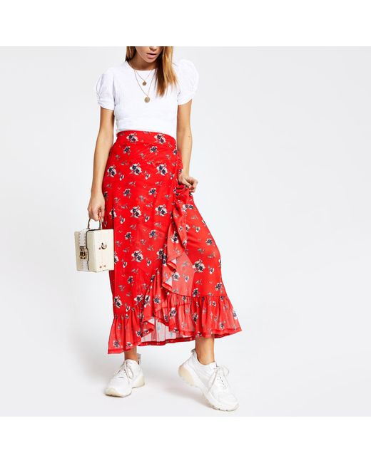 River Island Red Floral Ruffle Maxi Skirt - Lyst