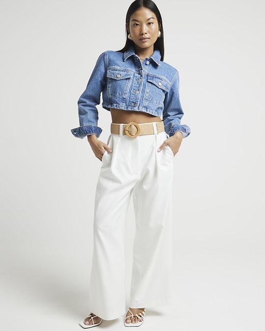 River Island Blue Petite White Belted Wide Leg Trousers