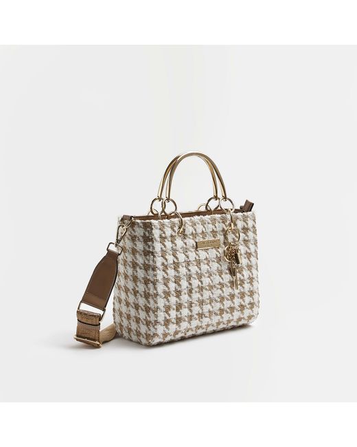 River Island White Beige Dogtooth Boucle Tote Bag