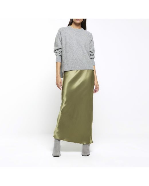 River Island Green Khaki Satin Maxi Skirt