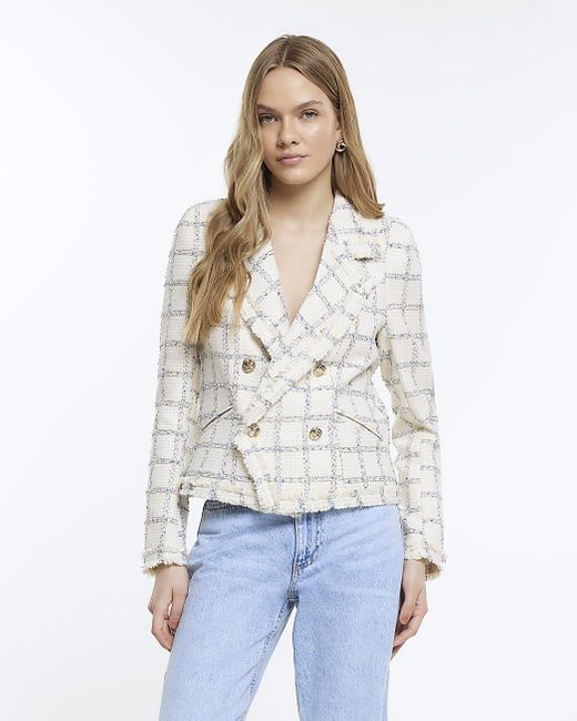 River Island Cream Check Boucle Blazer in White Lyst
