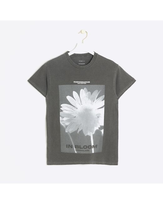 River Island Gray Grey Flower Graphic T-shirt