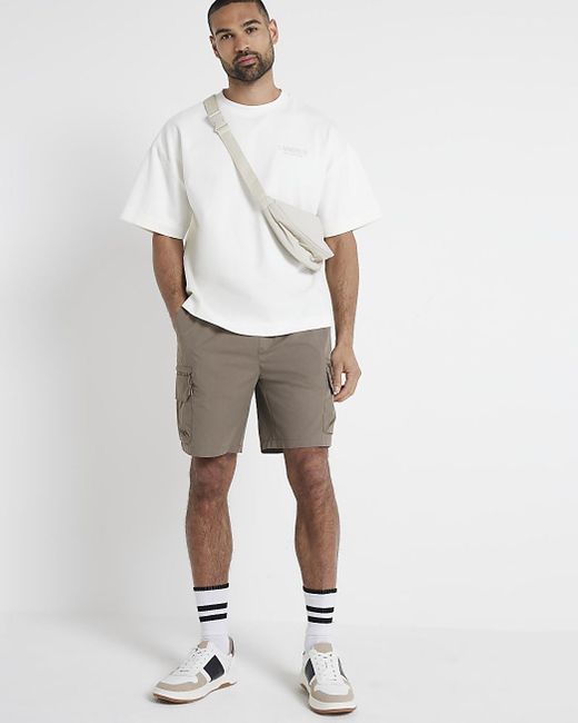 River Island White Brown Regular Fit Cargo Shorts for men