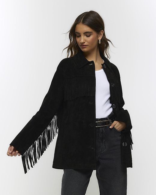 River Island Black Suede Fringed Jacket