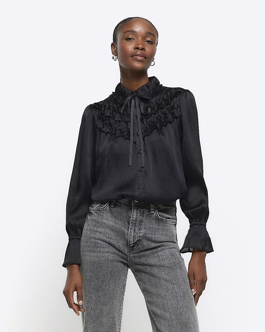 River Island Black Frill Bow Detail Blouse