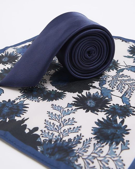 River Island Blue Satin Floral Tie And Handkerchief Set for men