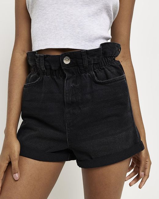 River Island Denim Paperbag Shorts in 