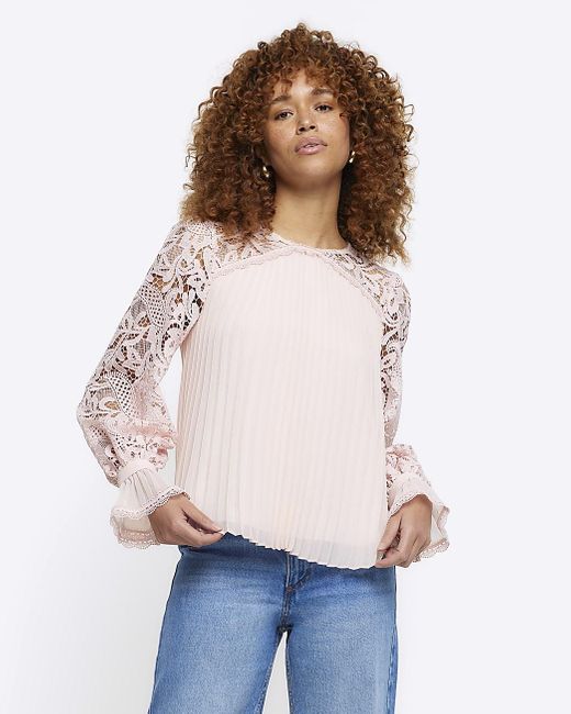 River Island White Pink Plisse Lace Sleeve Blouse