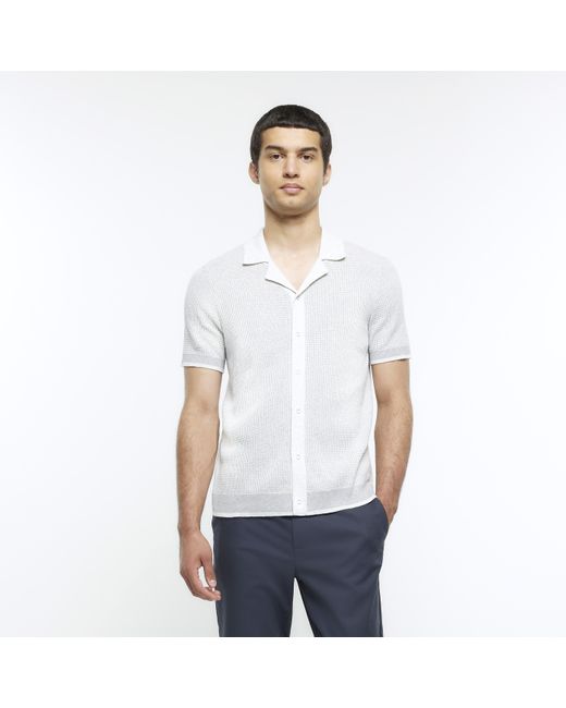 River Island White Grey Slim Fit Knitted Revere Shirt for men