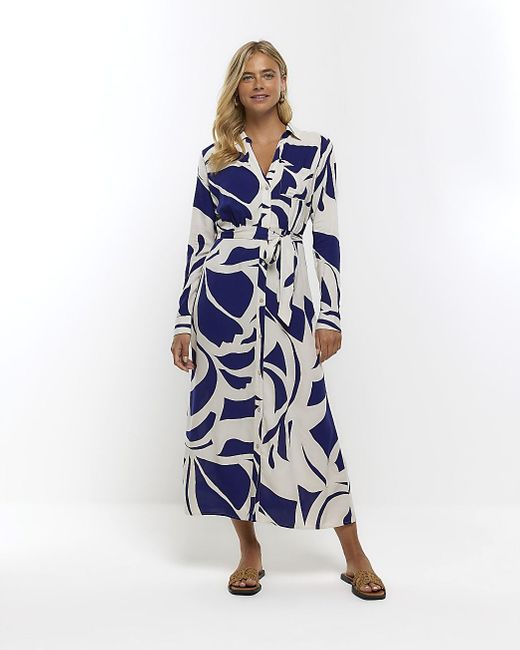 River Island Abstract Tie Waist Midi Shirt Dress in Blue