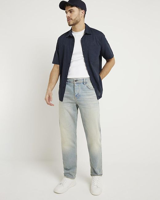 River Island Blue Navy Slim Fit Linen Blend Short Sleeve Shirt for men