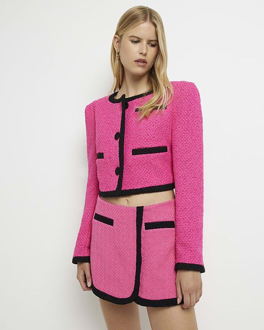 River Island Pink Boucle Crop Jacket | Lyst