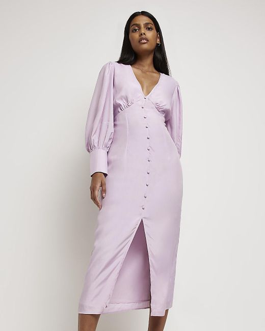 Long Sleeve Satin Midi Dress in Purple 