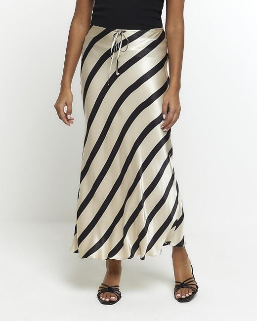 River Island White Black Satin Stripe Maxi Skirt