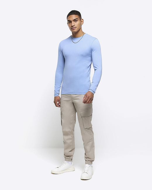 River Island Blue Muscle Fit Long Sleeve T-shirt for men