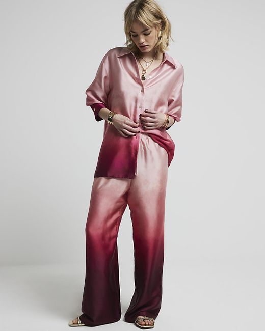 River Island Red Pink Oversized Satin Ombre Shirt