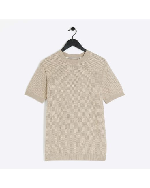 River Island Natural Beige Slim Fit Textured Knitted T-shirt for men