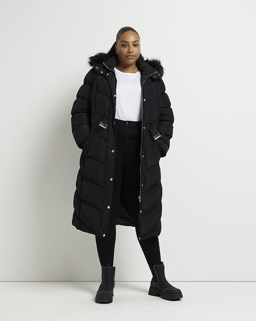 River Island Plus Belted Longline Puffer Coat in Black | Lyst