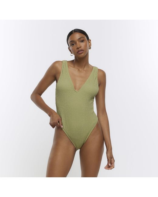 River Island Green Khaki Textured Plunge Swimsuit