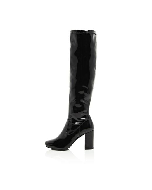 River Island Black Patent Knee High Heeled Boots