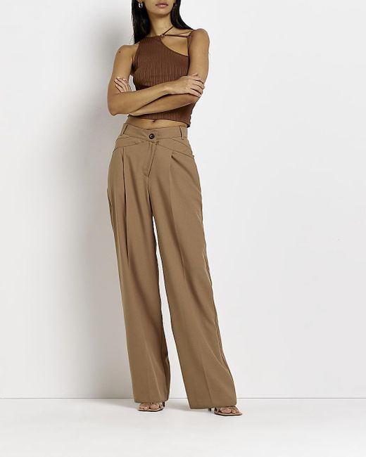 River Island Natural Beige Crossed Waistband Straight Trousers