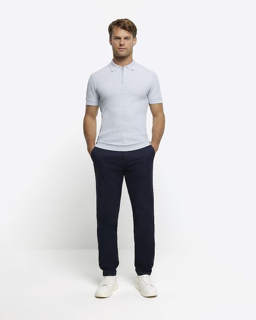River Island White Blue Muscle Fit Knitted Half Zip Polo for men
