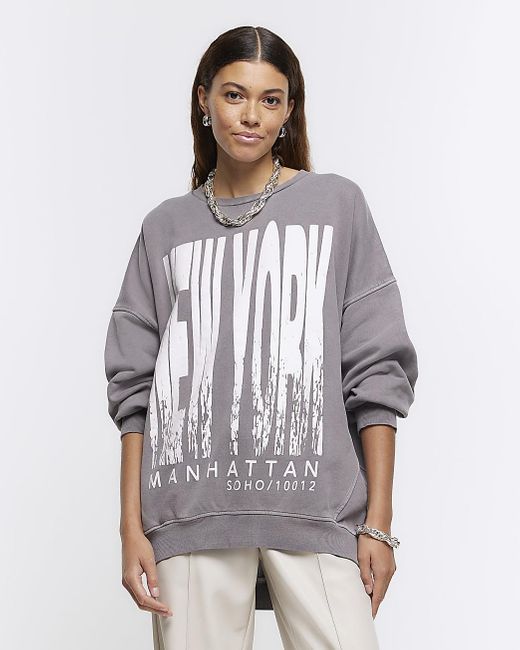 River Island White Grey New York Graphic Oversized Sweatshirt