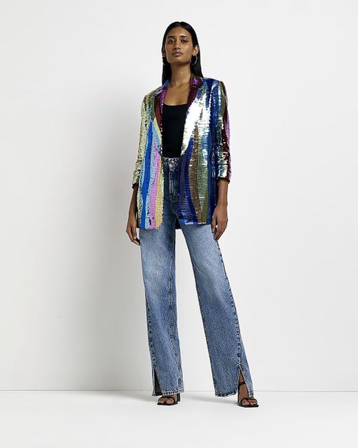 River Island Blue Sequin Stripe Blazer | Lyst