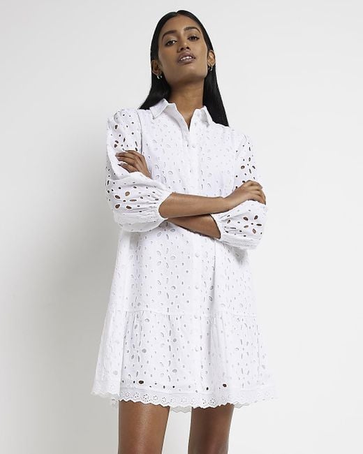 River Island White Broderie Mini Shirt Dress | Lyst