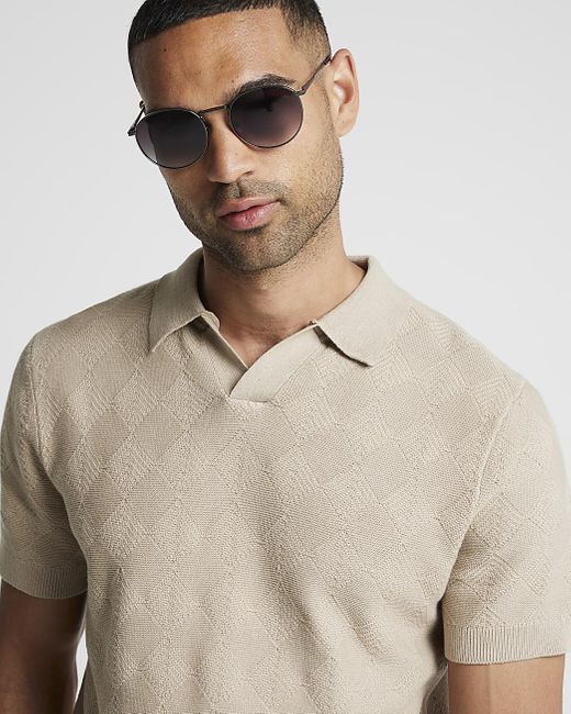 River Island Natural Beige Slim Fit Knit Open Collar Polo for men