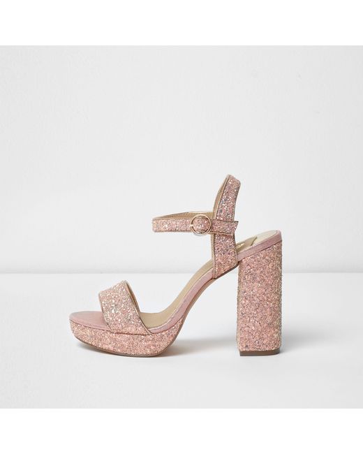River Island Pink Glitter Platform Block Heel Sandals