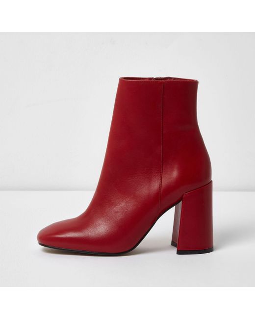 River Island Red Leather Block Heel Ankle Boots | Lyst Canada