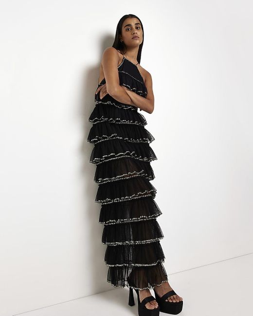 Black Glitter Knitted Flower Embellished Dress | PrettyLittleThing USA
