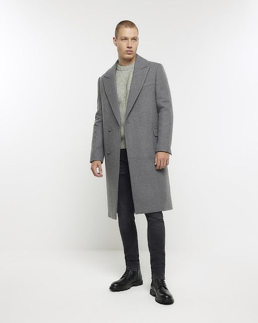 River Island Gray Wool Blend Longline Coat for men