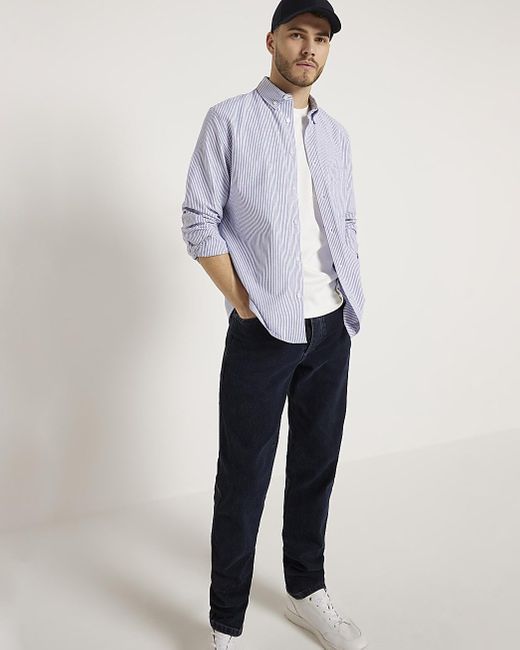 River Island Blue Regular Fit Striped Oxford Shirt for men