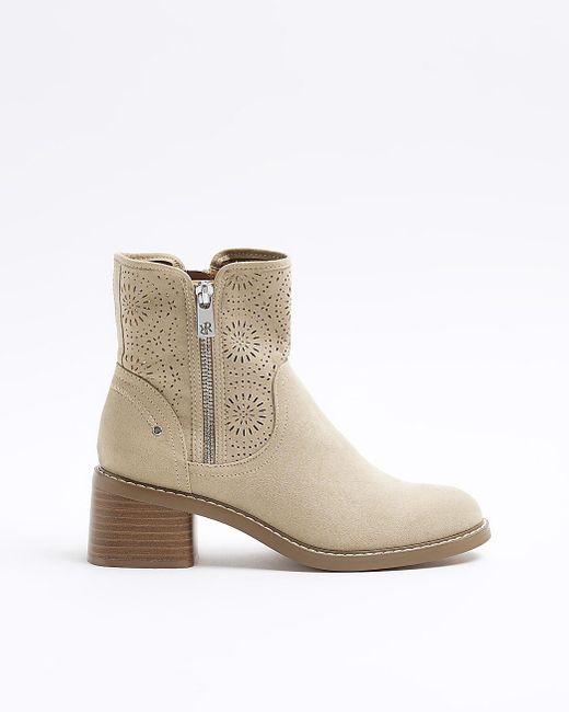 River Island Natural Beige Cut Out Heeled Ankle Boots