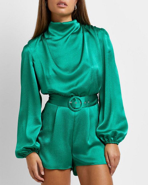 River Island Green Cowl Neck Belted Satin Playsuit