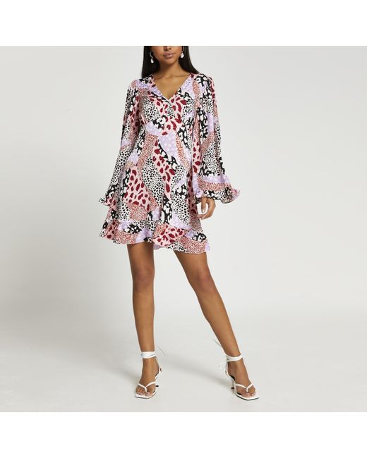 River Island Pink Long Sleeve Animal Print Tea Mini Dress