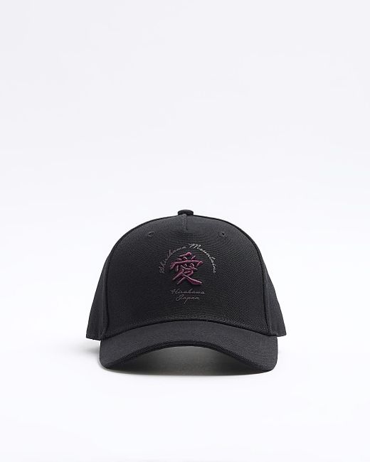 River Island Black Canvas Japanese Embroidered Cap for men