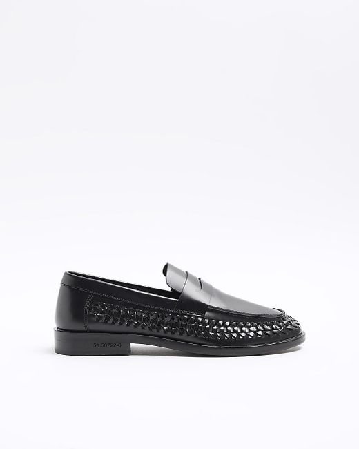 River Island Black Leather Woven Trim Loafers for men
