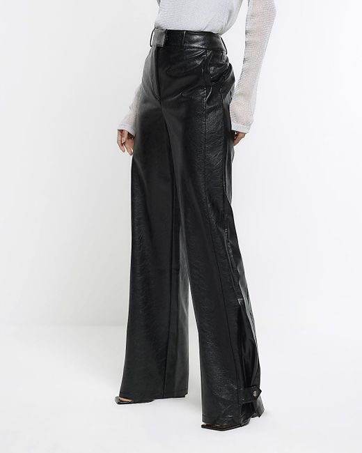 River Island White Black Faux Leather Wide Leg Trousers