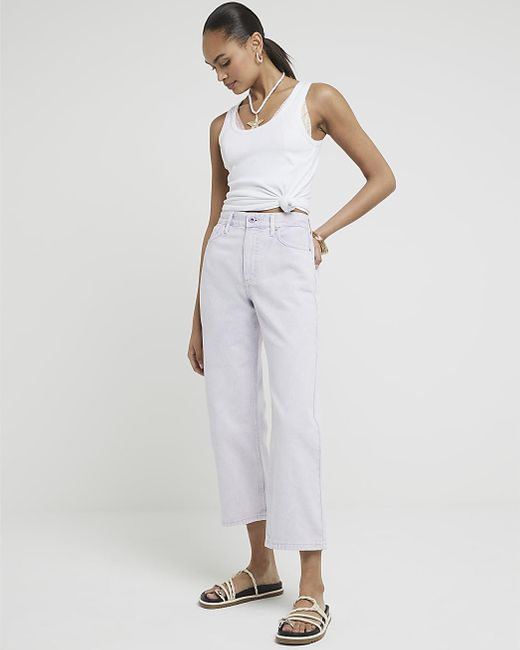 River Island White Purple Relaxed Straight Fit Cropped Jeans