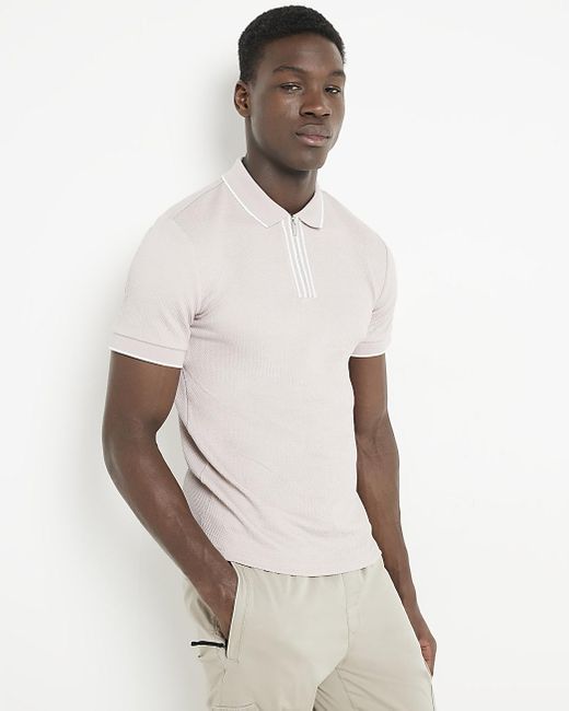 River Island Natural Pink Slim Fit Textured Half Zip Polo for men