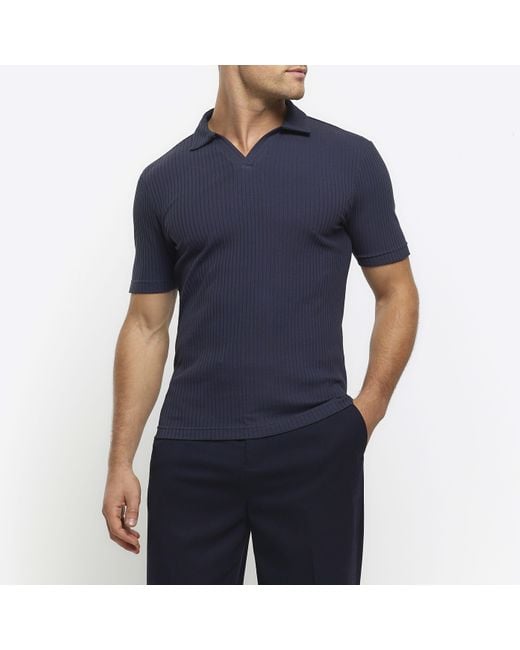 River Island Blue Navy Muscle Fit Rib Open Collar Polo for men