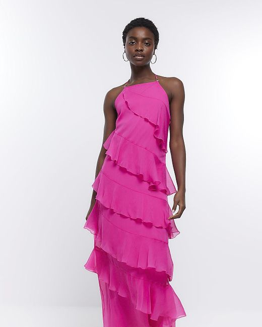 River Island Ruffle Maxi Dress in Pink | Lyst